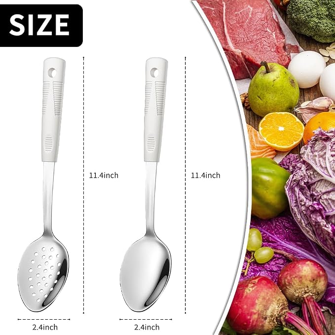 Serving Spoon Set with Silicone Handles,2-Piece spoon | Stainless Steel Serving Spoon, Slotted Spoon & Soup Ladle Set for Buffet and Home Kitchen