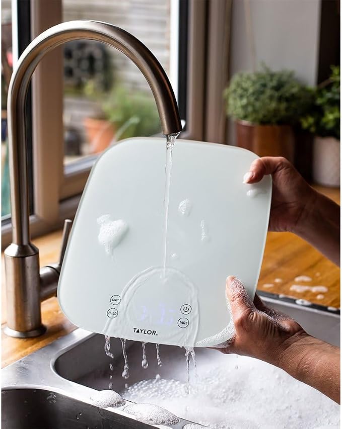 Taylor Pro Digital Kitchen Food Scales, Compact Professional Standard with Precision Accuracy and Waterproof Design with Tare Feature, White Glass, Weighs 14 kg/14 L Capacity