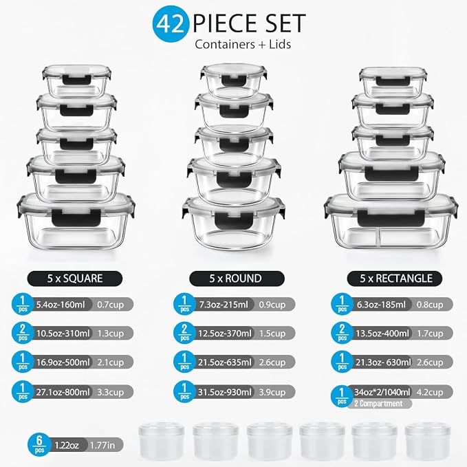 AMALEKO 42pcs Glass Food Storage Containers with Snap Locking Lids Set, Glass Meal Prep Containers (21 Container & 21 Lids),Leak Proof Lunch Containers BPA-Free,Black