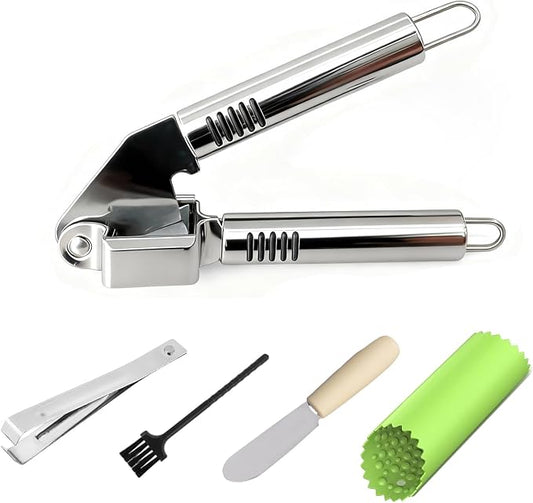 MANJIA Garlic Press and Peel Set Stainless Steel- Rust Proof Garlic Mincer Tool - Easy-Squeeze, Easy-Clean Silicone Garlic Peeler & Brush (Green)