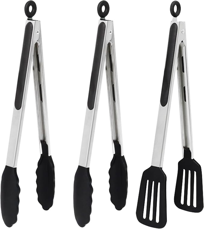 12 Inch Kitchen Tongs Set of 3, Silicone Tongs with Silicone Tips and Stainless Steel Handle, Tongs for Cooking, Baking, Grilling