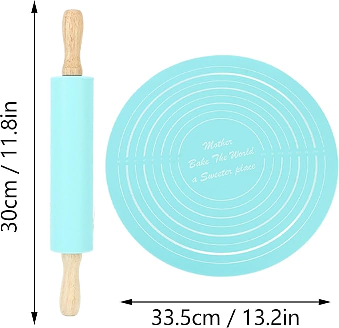 13.2in Rolling Pin Pastry Baking Mat 11.8x1.8in Large Silicone Rolling Pin Kneading Pad Baking Tool for Kitchen Restaurant School Use (Blue)