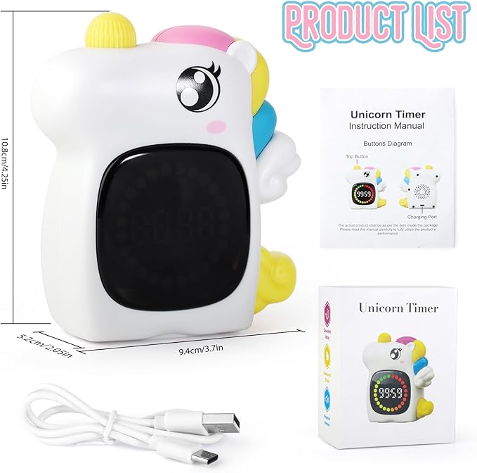 Unicorn Visual Timer for Kids, Rechargeable 99:59 Digital Countdown Potty Timer, Visual Time Progress Display, Adjustable Volume, Classroom Homeschool Study Timer