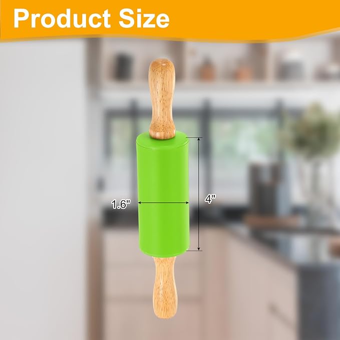 uxcell 4 Inch Silicone Rolling Pin, Small Dough Roller with Wood Handle for Pizza Pastry Fondant Kitchen, Green