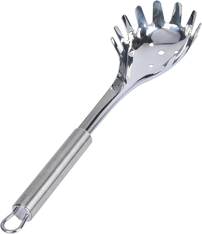 Restaurantware 12.5" Stainless Steel Pasta Fork - German Standard Pasta Server with Large Slotted Bowl, Dishwasher Safe - Slotted Pasta Spoon for Spaghetti, Linguine, Fettuccine