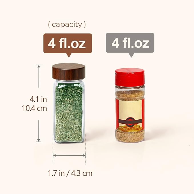 ComSaf Glass Spice Storage Jars with Acacia Wood Lids & Labels 4Oz 24Pack | Seasoning Container for Cooks, Herbs Pepper Salt Cinnamon Paprika, Spice Rack & Drawer, Canister with Shaker Insert & Funnel