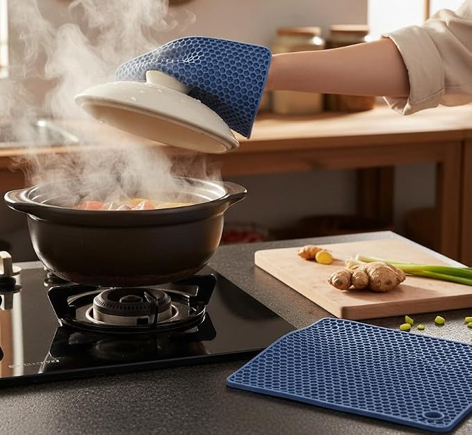 6-Pack Silicone Trivet Mats, Heat Resistant Hot Pads, Dishwasher Safe Kitchen Mats, BPA-Free Pot Holders for Table, Countertop, Stove, Honeycomb Design (Blue, 7” Square/Round)