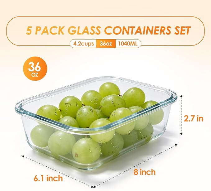 5 Pack 36oz Glass Storage Containers with Lids, Grey | Glass Meal Prep Food Container Sets, Snap Airtight Lid, For Microwave, Oven, Freezer and Dishwasher, BPA Free