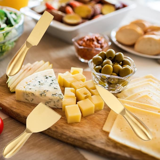 Golden Cheese Knife Set 6 Piece, Stainless Steel Cheese Cutter, Cheese Spreader knife with Ergonomic Handle, Cheese Shaver and Fork for Holiday, Birthday, Wedding, Party