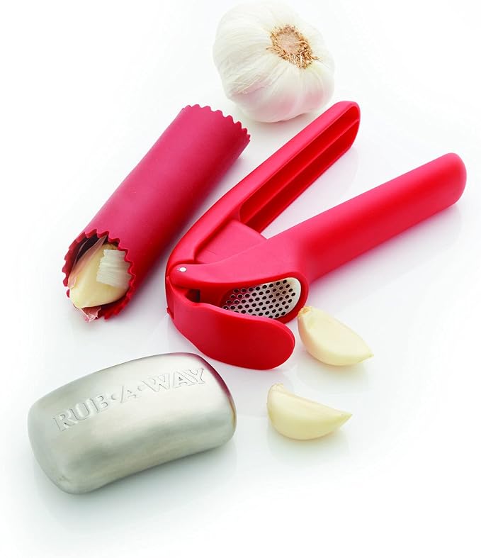 Farberware 3-Piece Garlic Set with Garlic Press, Garlic Peeler, and Rub-A-Way Odor Eliminating Bar - Dishwasher Safe Kitchen Gadget Tools for Easy Garlic Prep