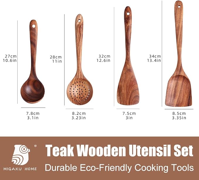 Wooden Spoons for Cooking,4 Pcs Natural Teak Wooden Utensil Set for Cooking,Premium Nonstick Kitchen Utensils, Durable Eco-Friendly Wooden Cooking Tools