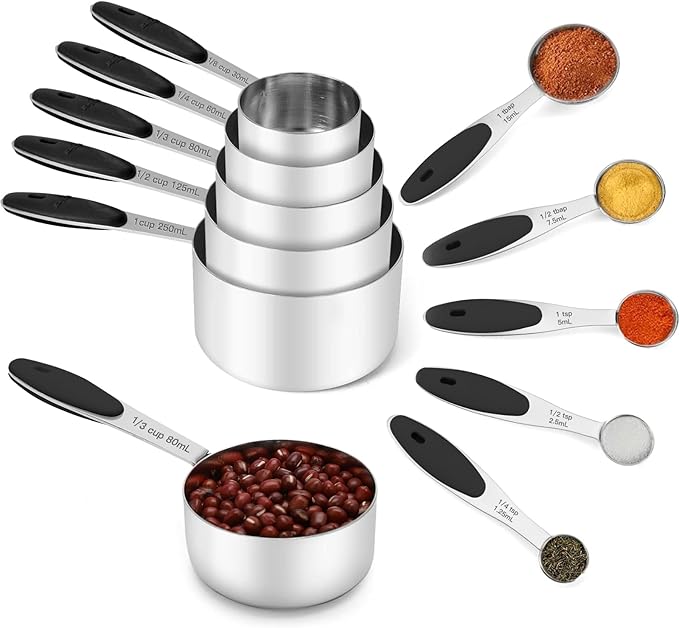 JOYHILL Measuring Cups and Spoons Set 304 Stainless Steel 10-Piece Black | BPA-Free Silicone Handles, Etched Markings, Nestable Design, Dishwasher Safe for Dry & Liquid Ingredients