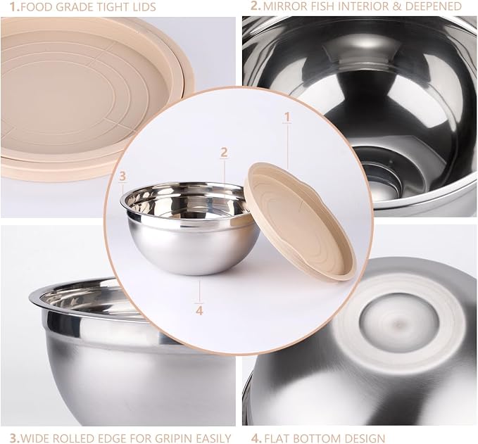 Leidawn Mixing Bowls with Lids Set, 25 PCS Khaki Mixing Bowl for Kitchen | Stainless Steel Nesting Bowls for Baking, Mixing, Serving & Prepping, Size 5, 3.7, 2.8, 2.3, 1.7, 1.1, 0.7QT, 11 Utensils