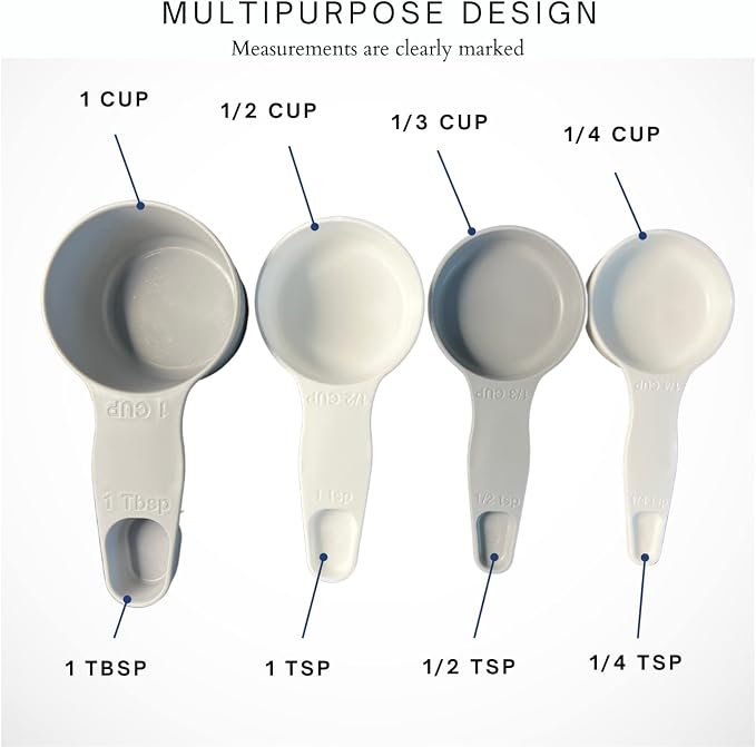 Storage Theory 2-in-1 Measuring Cups & Spoons Set (4-Piece) - Nesting Space-Saving Kitchen Gadget - BPA-Free Food Grade Plastic - Dishwasher Safe for Baking, Cooking, Coffee - White/Gray