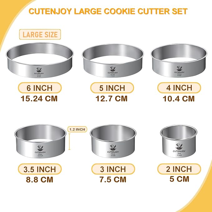 6 PCS Round Cookie Cutters (2, 3, 3.5, 4, 5, 6 Inch), Stainless Steel Biscuit Cutters For Baking, Large Circle Cookie Cutter for Baking, Pastry, Donuts, Fondant, Sandwich