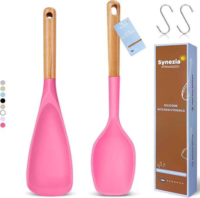 Large Silicone Cooking Spoons Set, 2 Pcs Heat Resistant Serving Spoon, Multifunction Nonstick Spatula Spoon for Mixing, Stiring, Basting, Scooping,Scraping (Berry Carnival Fuchsia)