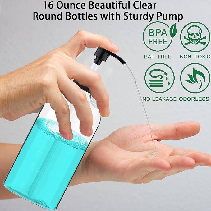 Empty Plastic Pump Bottles Dispenser（16.9 Oz, 2 Pack）, Portable Amber BPA-Free Travel Shampoo Lotion Pump Bottle Durable Refillable Containers for Massage Oil, Liquid Soap