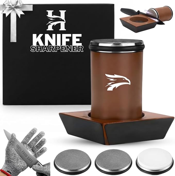 High Carbon Stainless Steel Rolling Knife Sharpener with 400, 1000 & 3000 Replacement Discs - Blunt Knife Sharpening Kit with 15 and 20 Degree Sharpening for Kitchen & Chef's Knives (BRONZE)