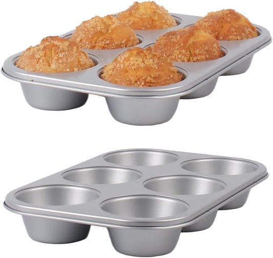 Nonstick jumbo Muffin Pans 6 Cups，2 Pack Extra Large Cupcake Tins for Baking，Premmium Non-stick Coating for Non-Toxic,Heavy Duty Carbon Steel, 3.5 dia,Deep Muffin Tray