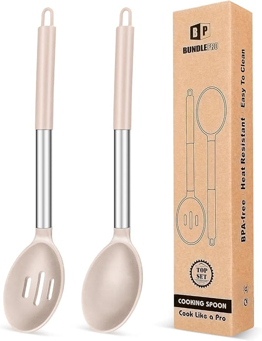 Pack of 2 Large Silicone Cooking Spoons,Non Stick Solid Basting Spoon,Heat-Resistant Kitchen Utensils for Mixing,Serving,Draining,Stirring (STAINLESS STEEL KHAKI)