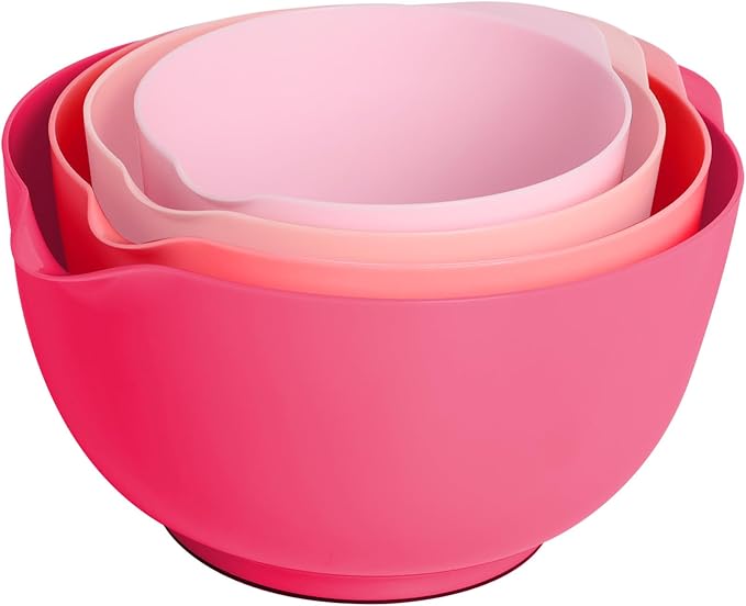 BoxedHome Mixing Bowls Set of 4, BPA Free Plastic,Microwave Safe, Rose Red | 4.5/3.5/2.5/1.7 quarts,Non-slip Base Large Nesting Bowl with Pour Spout, Dishwasher Safe, for Prep, Cooking,Baking