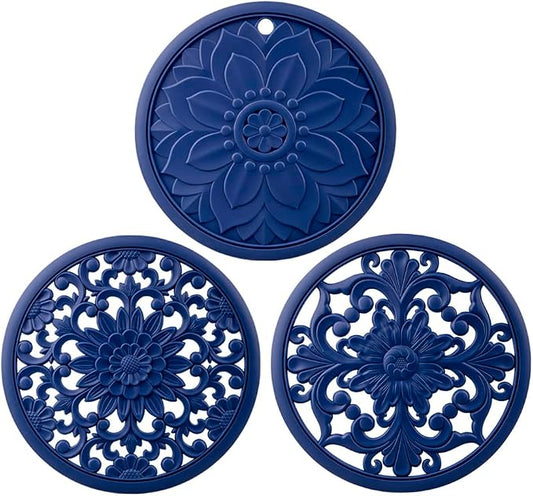 Blue Silicone Trivets for Hot Dishes, Pots&Pans, Round Hot Pads for Kitchen, Silicon Trivet mat for Table Tops, Silicone Pot Holder for Countertops, Heat Resistant Mat Set 3