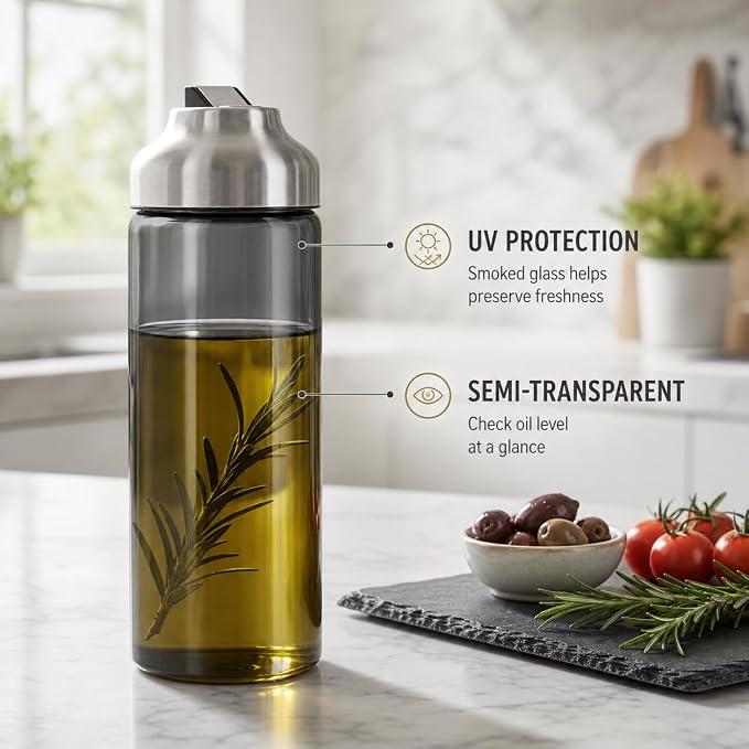 Aelga Olive Oil Dispenser Bottle for Kitchen, 2-Pack 14oz Dark Glass Oil and Vinegar Dispenser Set, Auto Flip Lid, UV-Protected Cooking Oil Cruet with Drip-Free Pour Spout
