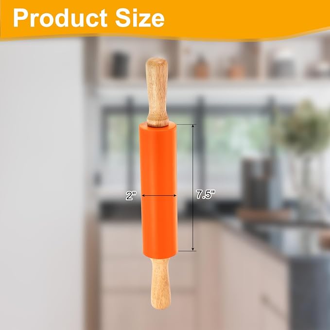 uxcell 7.5 Inch Silicone Rolling Pin, Small Dough Roller with Wood Handle for Pizza Pastry Fondant Kitchen, Orange