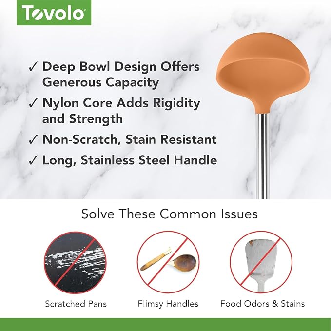 Tovolo Silicone Ladle With Stainless Steel Handle Deep Soup Ladle for Cooking Canning Serving Soup Punch Stew Sauce, Large Kitchen Utensil Spoon Dishwasher Safe BPA Free Silicone Apricot Orange