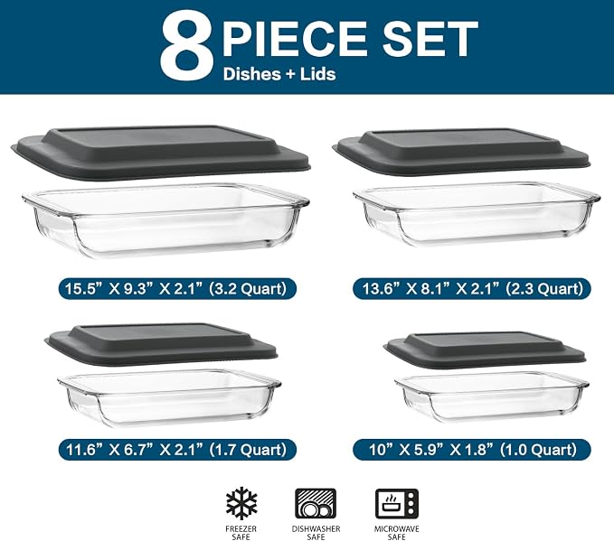 M MCIRCO 8 Piece Deep Glass Baking Dish with Lids, BPA free,Gray | Rectangular Glass Bakeware Set, Baking Pans for Lasagna, Casserole Dishes, Microwave, Oven, Freezer, Dishwasher
