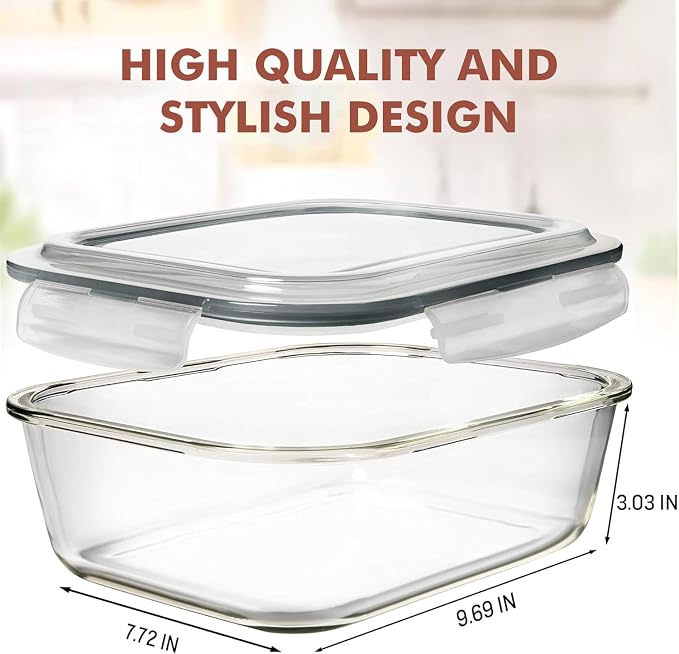 Razab 10 Cups/ 80 Oz 4 Pc (Set of 2) Glass Food Storage Containers with Airtight Locking Lids For Storing & Serving Food. BPA Free & Leak Proof - Microwave, Dishwasher, Fridge, Freezer, Oven Safe