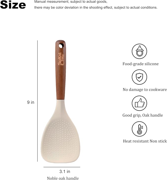 Spatula Spoon and Rice Spoons with Wooden Handle, Food Grade Silicone Great for Cooking, Mixing, Scooper, Scrape, Non stick Heat Resistant (white, Rice set 1 pcs)