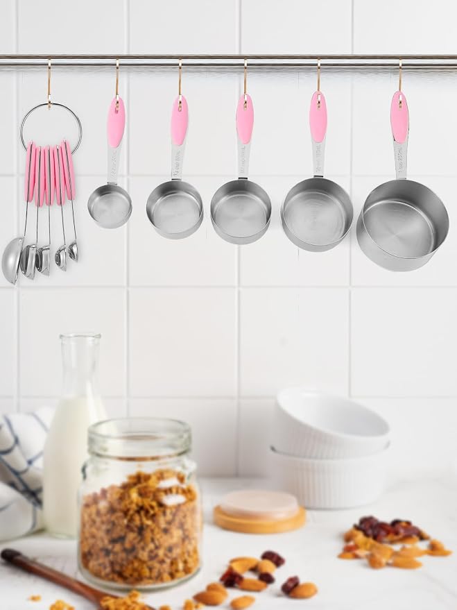 Joyhill Stainless Steel Measuring Cups and Spoons Set of 10 Piece, Nesting Metal Measuring Cups Set with Soft Touch Silicone Handles for Dry and Liquid Ingredients, Cooking & Baking (Pink) | BPA-Free Silicone Handles, Etched Markings, Nestable Design, ...