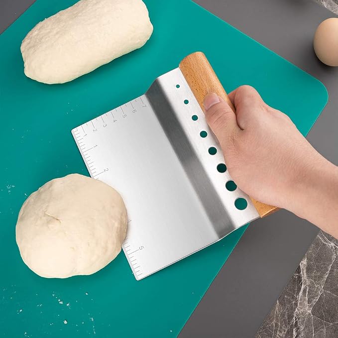 Stainless Steel Pastry Scraper, Dough/Pastry/Bread Bench Scraper/Cutter/Chopper/Pizza Cutter /Stainless Herbal Peeling Machine with Non-Slip Rectangle Wood Handle and Herb Stripper 8-hole
