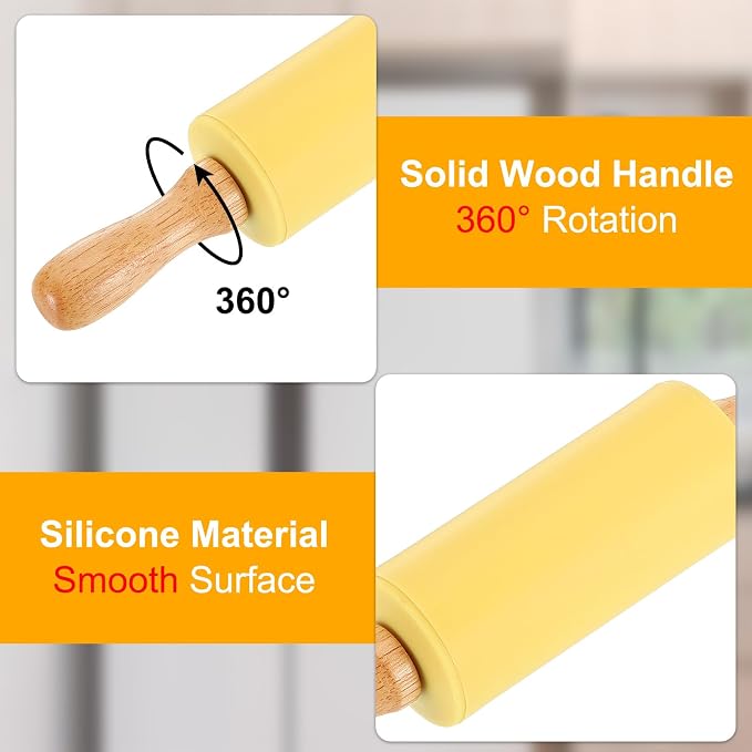 uxcell 4 Inch Silicone Rolling Pin, Small Dough Roller with Wood Handle for Pizza Pastry Fondant Kitchen, Light Yellow