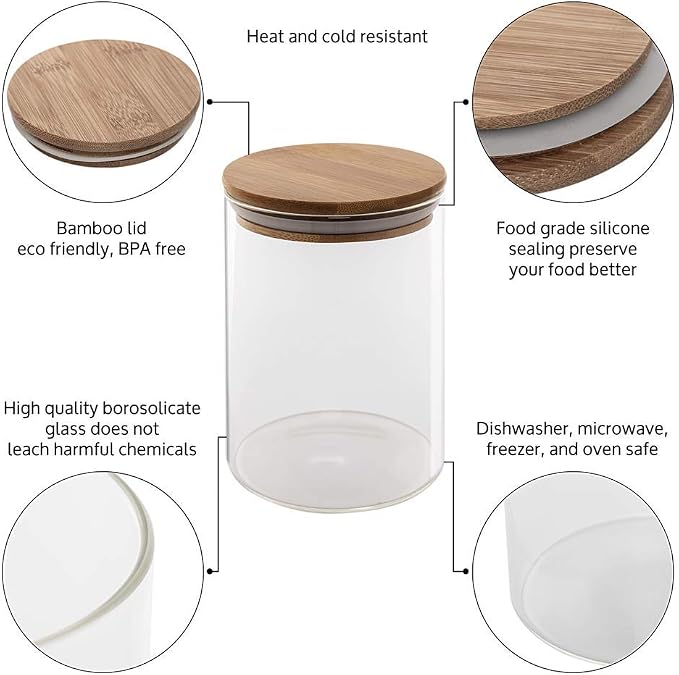 Set of 5 Glass Kitchen Canisters with Airtight Bamboo Lid - Glass Storage Jars for Pantry Organization and Bathroom for Flour, Coffee, Cookie Jar, Candy, Snack, Pasta, Rice, Sugar Packet Holder