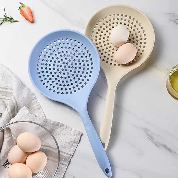Silicone Skimmer Spoon, Spider Strainer Slotted Spoon Kitchen Ladle Strainer 6.7'' Heat Resistant Drain For Straining Vegetables And Oil(blue)