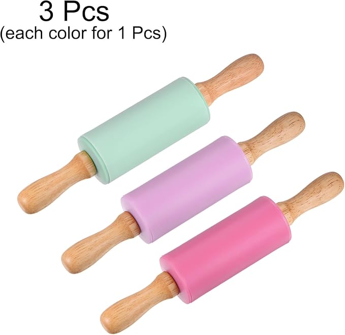 HARFINGTON 3pcs Silicone Rolling Pins for Baking 9.25 Inch Non-Stick Silicone Surface Wooden Handle Rolling Pin Small Roller Playdough Rolling Pins for Dough Pizza, Green/Red/Ppurple