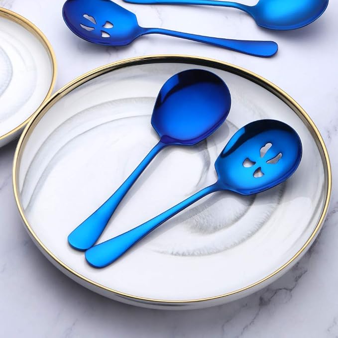 Meisha Serving Spoons Set, 3 Serving Spoons and 3 Slotted Serving Spoons, Blue Stainless Steel Serving Utensils for Buffet Can Banquet Cooking Kitchen - Mirror Polished