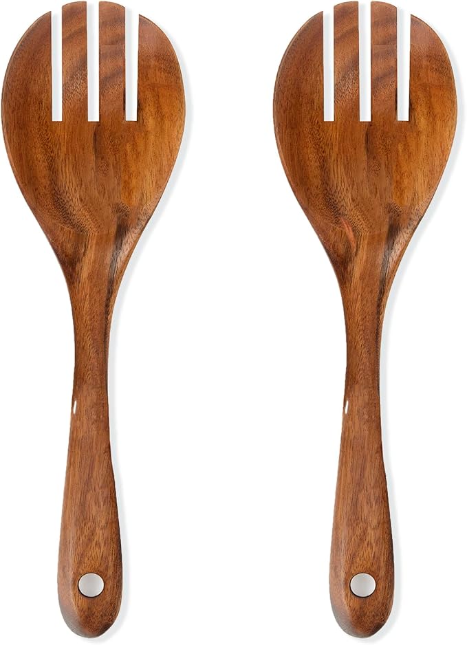 Large Teak Wooden Forks for Salad Serving Set of 2, 13-Inch Teak Wooden Serving Spork Set, Natural Wood Salad Servers, Wooden Kitchen Forks, Salad Servers Resistant to High Heat