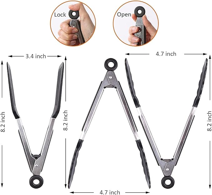 Mini Silicone Serving Tongs Set of 3, Small Kitchen Tongs (7 inch) with Silicone Tips and Stainless Steel Handle, Cooking Tongs for Salads, Pasta, Steaks, Vegetables
