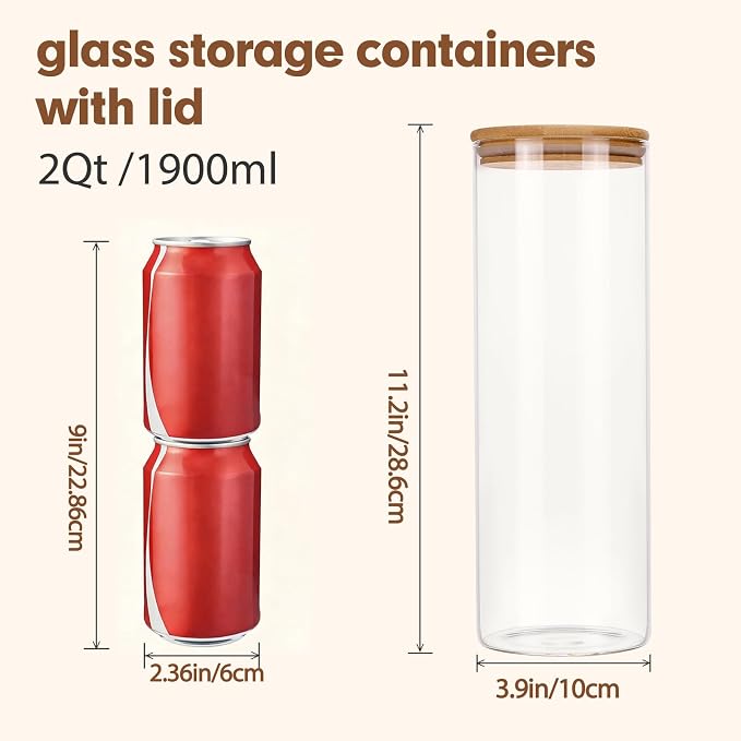 3pcs Glass Food Storage Containers with Bamboo Lids, 2qt Glass Jars | Large Airtight Food Storage Jars for Pantry, Flour, Sugar, Dry Goods