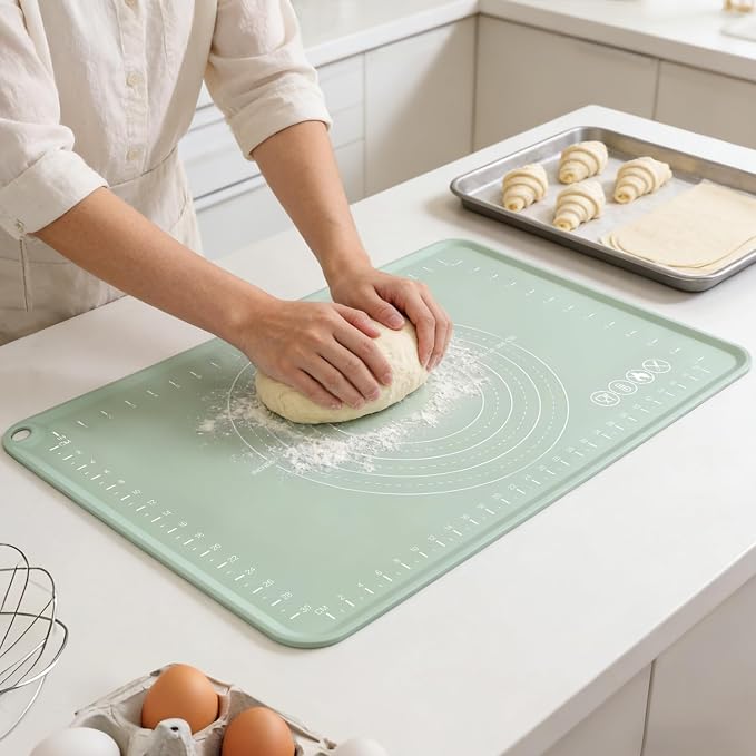 Silicone Pastry Mat, Non Slip Dough Mat with Measurements and Raised Edges, Food Grade Silicone Countertop Baking Mat for Rolling Dough, Kneading Bread, Cookies, Pizza, Pie Crust