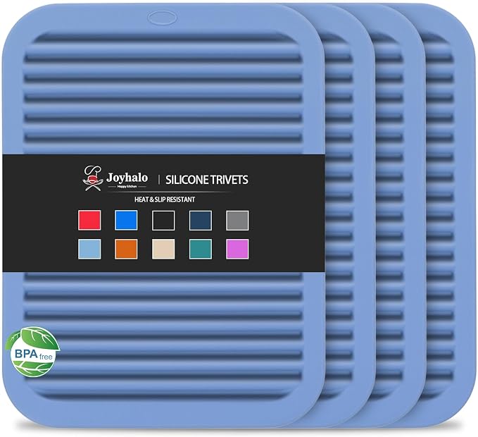 4 Pack Square Silicone Trivets | Hot Pads for Kitchen, Hot Pots and Pans, Hot Dishes, Countertops, Heat Resistance to 480°F, Blue