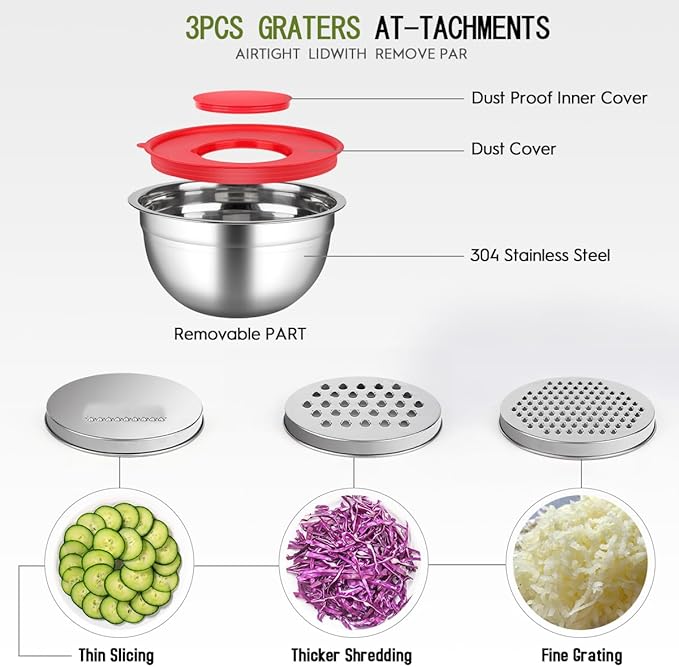 JUJOJB Mixing Bowls With Lids Set,Stainless Steel Mixing Bowls Set With 3 Grater,Metal Nesting Bowls For Kitchen Baking Refrigerator Meal Prep Food Organizer,7 Size(Multicolor)