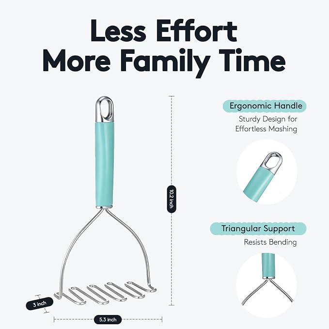 Potato Masher, 10.2 Inch Heavy Duty Stainless Steel Wire Build, Ergonomic Handle, Reinforced Durable Design for Effortless Mashing, Food Grade Dishwasher Safe Kitchen Tool, Blue
