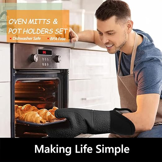 Silicone Oven Mitts and Pot Holders Sets, MTZRFLL Extra Long Heat Resistant Oven Gloves with Hot Pads and Mini Oven Mits Set for Kitchen Cooking Baking, Soft Quilted Lining, Pack of 6 (Gray)