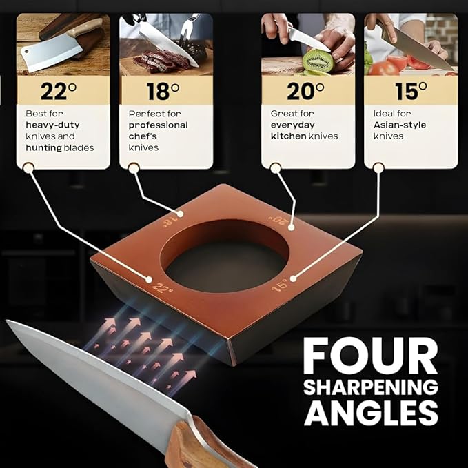 High Carbon Stainless Steel Rolling Knife Sharpener with 400, 1000 & 3000 Replacement Discs - Blunt Knife Sharpening Kit with 15 and 20 Degree Sharpening for Kitchen & Chef's Knives (BRONZE)
