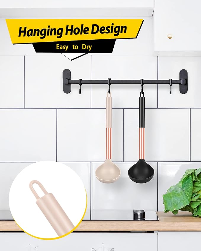 Pack of 2 Ladle Spoon,Silicone Large Spoon for Soup,Non Stick Kitchen Utensils with High Heat Resistant,BPA Free Perfect Kitchen Tools for Cooking, Stirring,Serving Soups (ROSE GOLD BLACK-KHAKI)