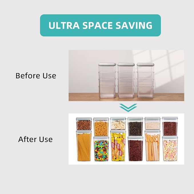 Food Storage Containers Pop Airtight Food Storage Containers with Lids for Kitchen Pantry Organizing Cereal Snack Flour Sugar Coffee Spaghetti Stackable - 8 Pcs (1.2, 2.0, 2.7, 3.3qt)*2